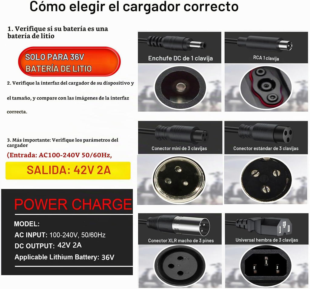 Cargador de batería de litio de 36V, cargador de 42V 2A para patine...