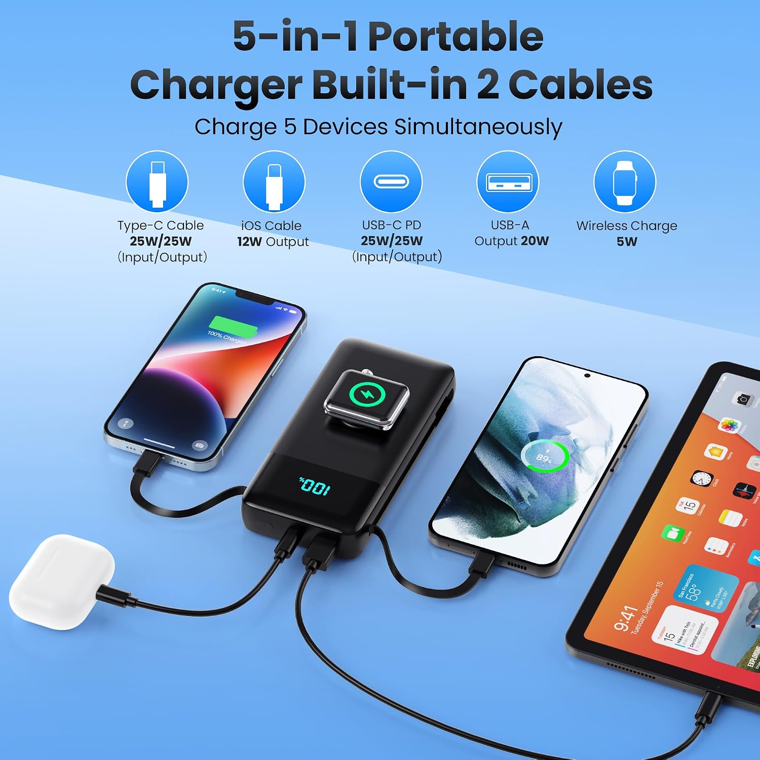 AONIMI Cargador Portátil 40800mAh Power Bank con 2 Cables Integrado...
