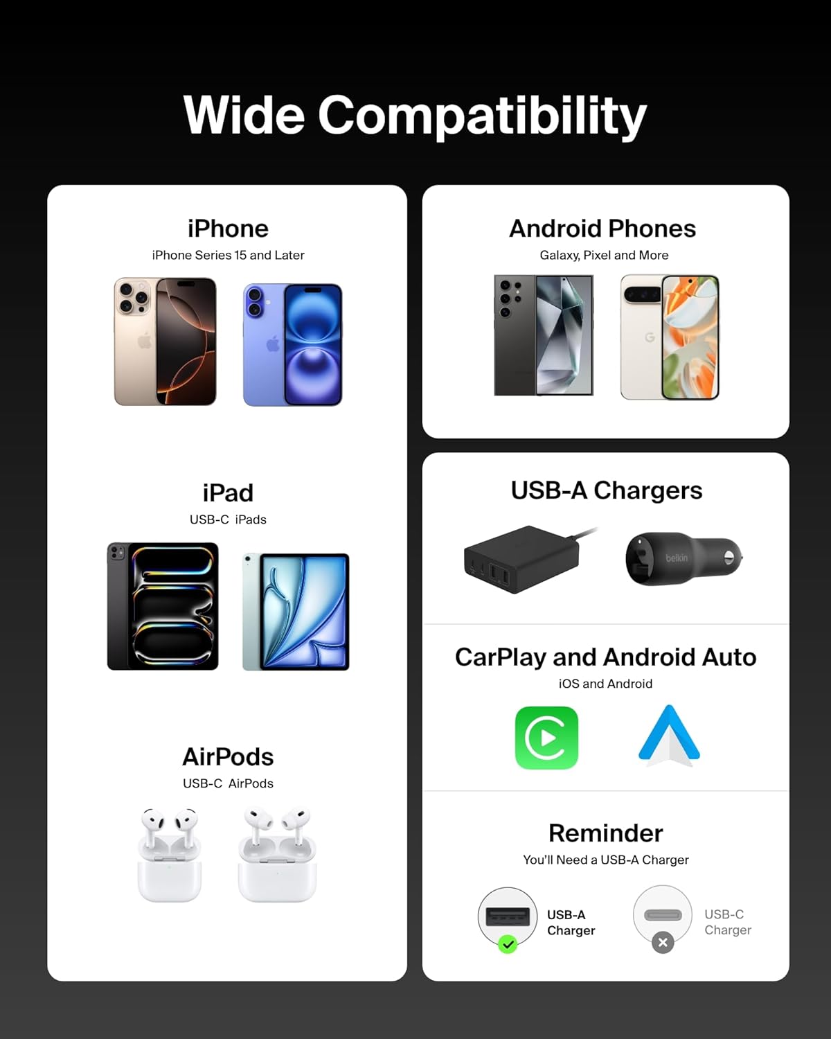 Belkin Paquete de 2 cables USB A a USB C, 3.3 pies, 15 W, cargador...