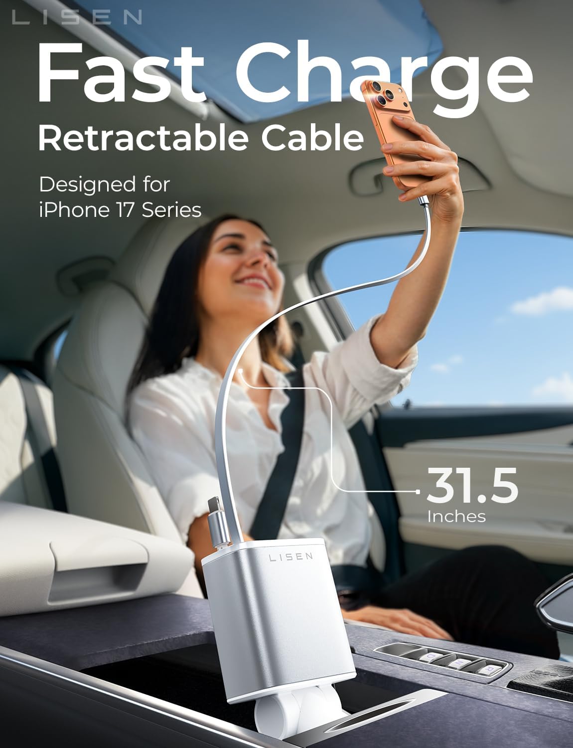 LISEN Cargador retráctil de coche para iPhone, para iPhone 17 Pro M...