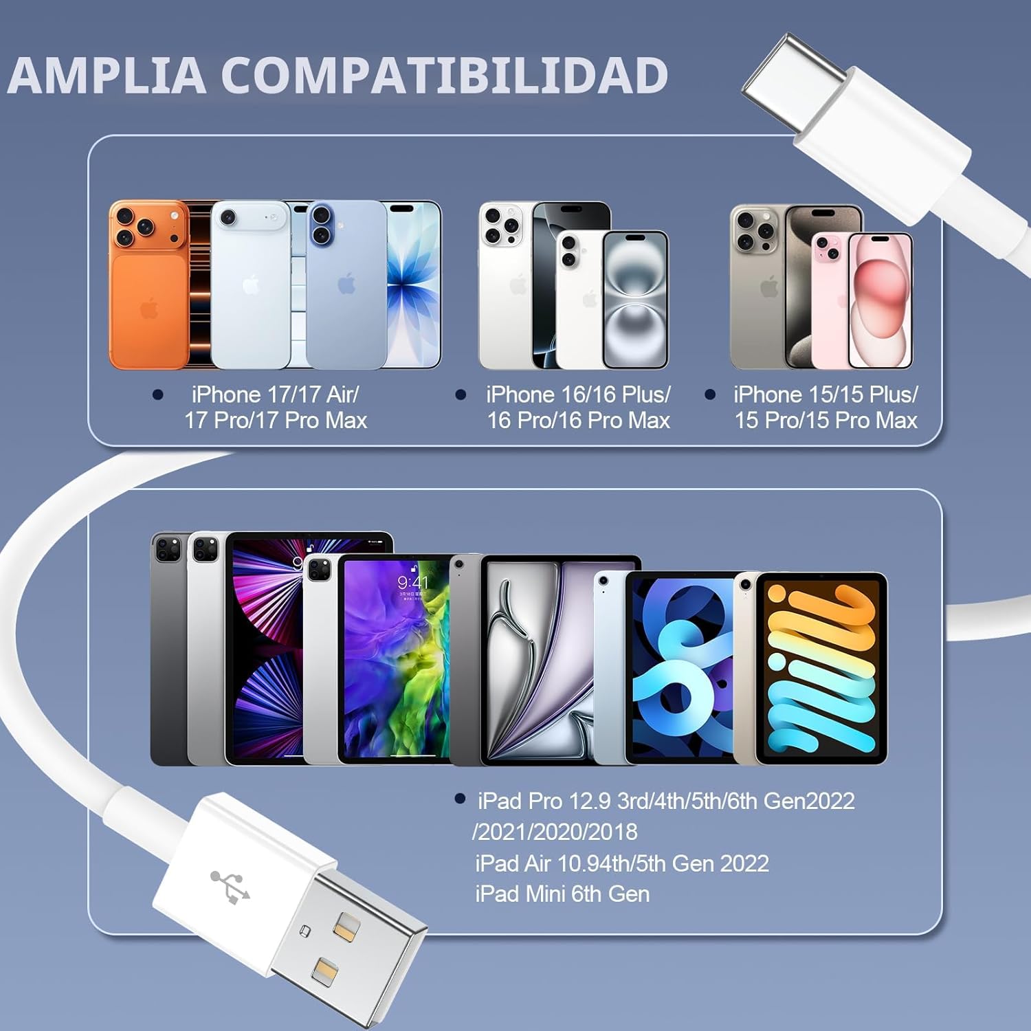 QZIIW Paquete de 4 cables de carga rápida USB C de 3 pies para iPho...