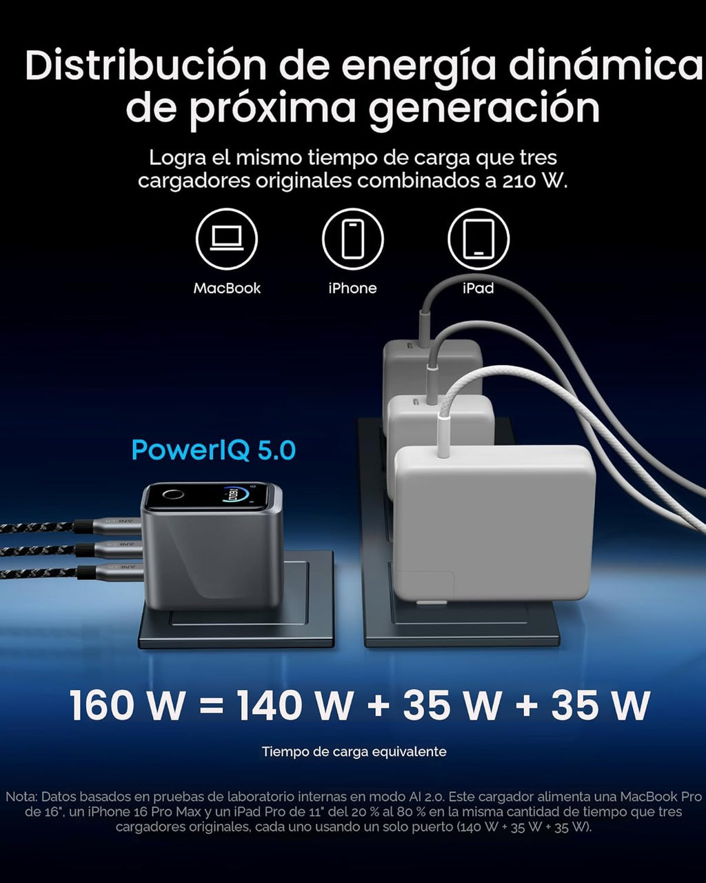 Cargador Anker Prime, Bloque de Carga GaN USB C Compacto de 160W co...