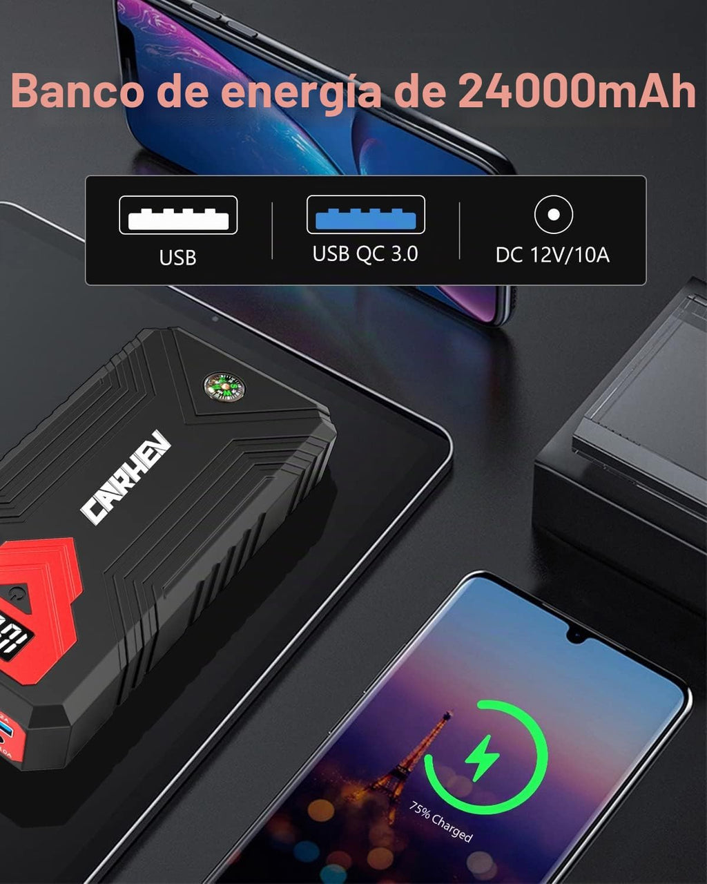 Arrancador de 3000 A, batería de coche de 24000 mAh (hasta 8.0 L de...