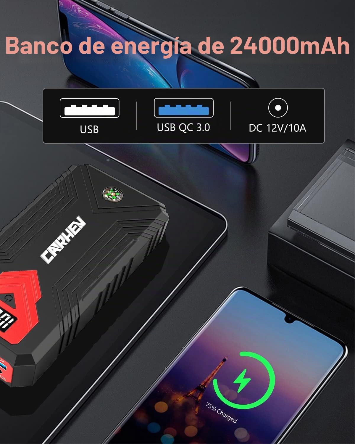 Arrancador de 3000 A, batería de coche de 24000 mAh (hasta 8.0 L de...