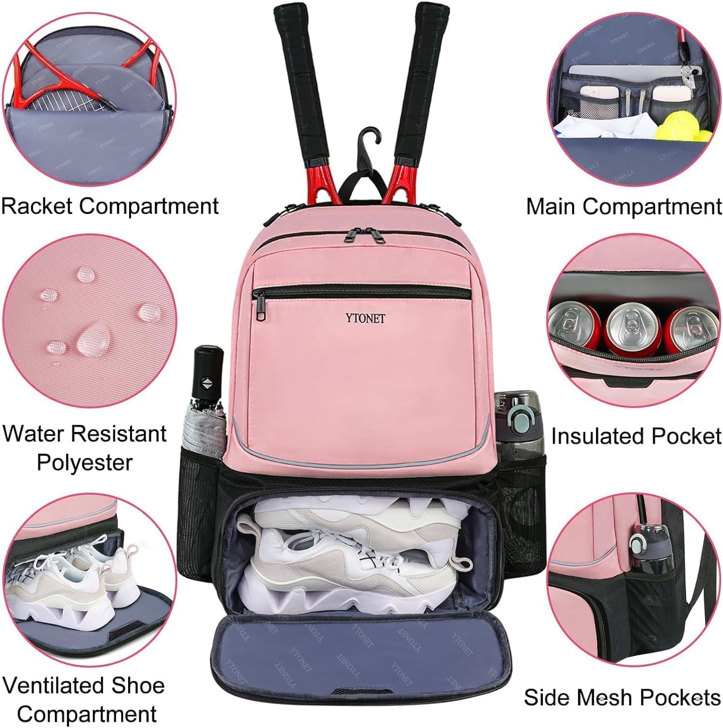 Ytonet Mochila de tenis para mujeres y hombres, 2 raquetas con bols...