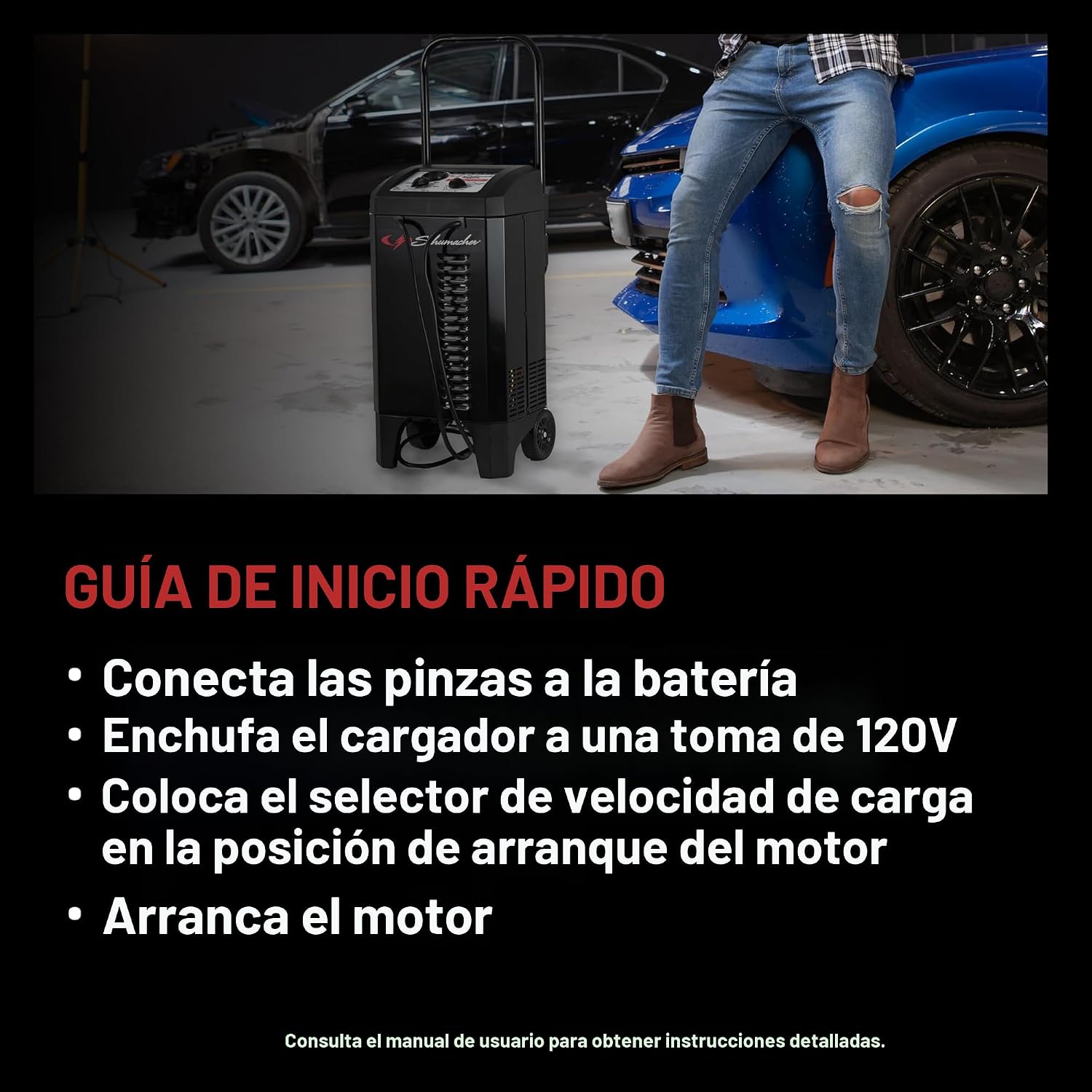 Schumacher Electric Cargador de batería manual con ruedas de 10A pa...