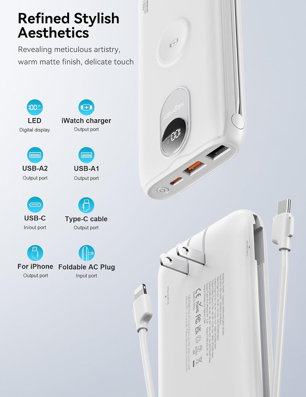 Cargador Portátil XEGNER 10000mAh 20W, Enchufe de Pared, 2 Cables,...