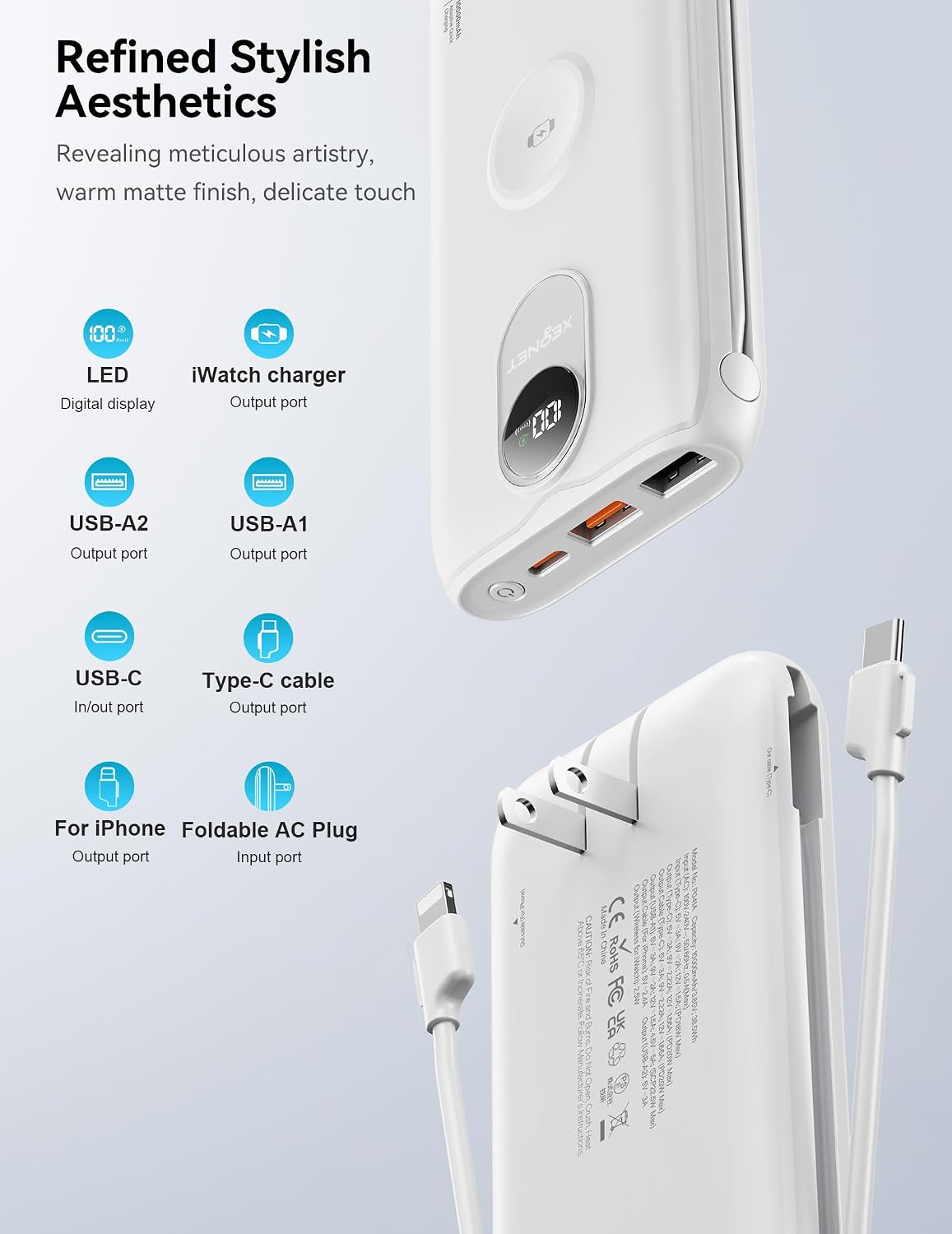 Cargador Portátil XEGNER 10000mAh 20W, Enchufe de Pared, 2 Cables,...