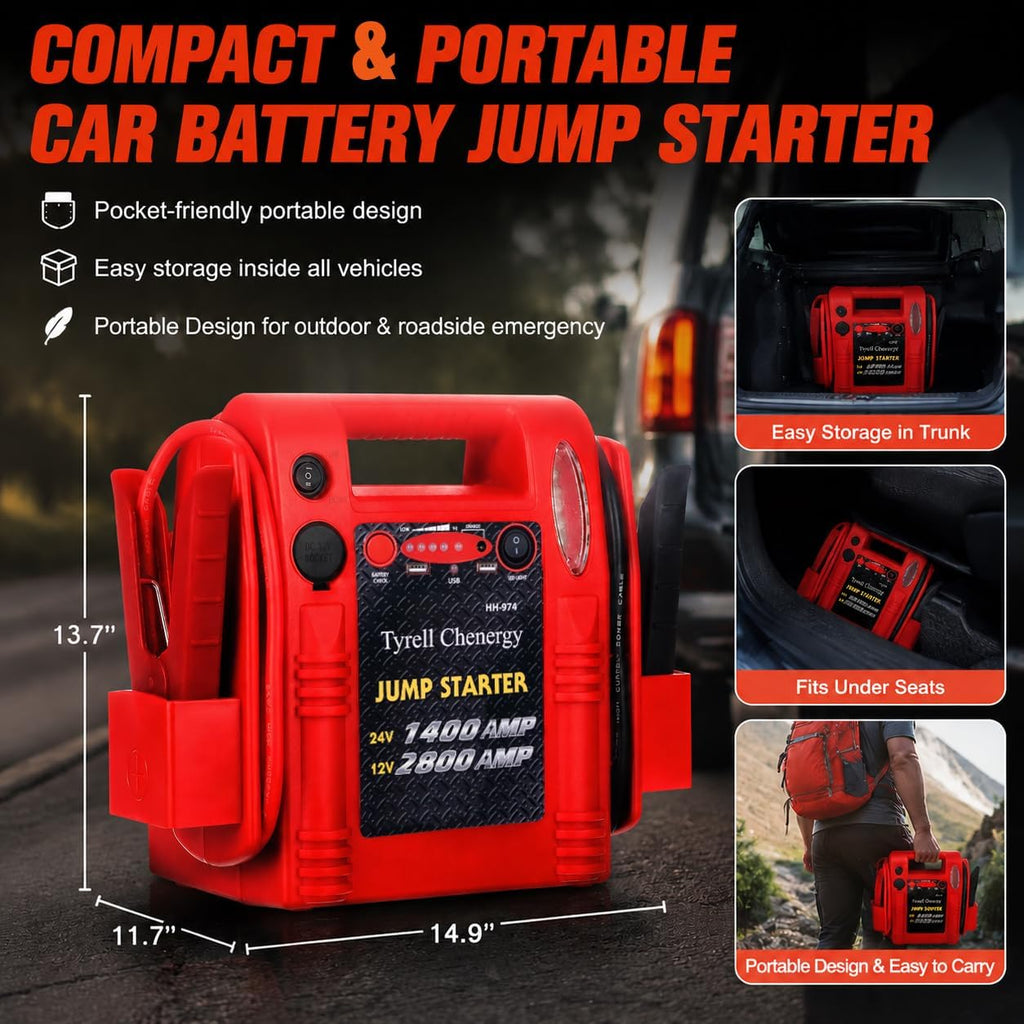 Tyrell Chenergy - Arrancador de batería 12V\/24V, 2800\/1400 pico d...