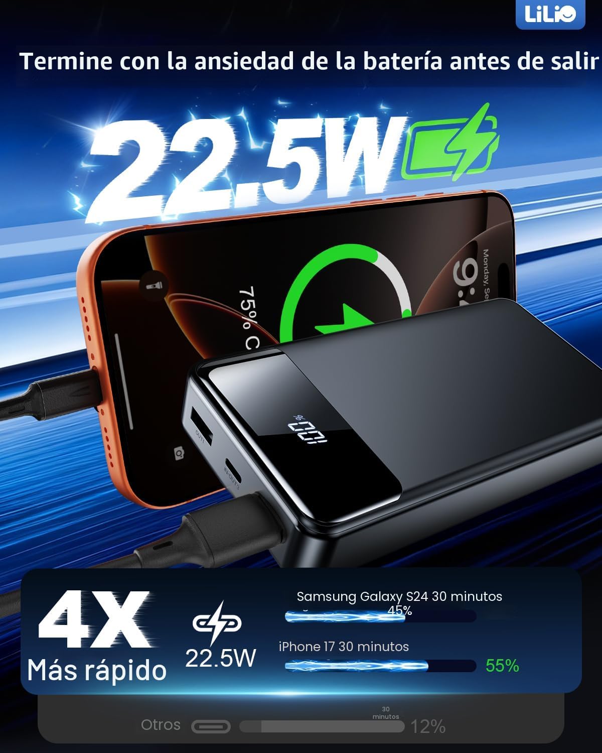 LILIO Cargador portátil Power Bank, batería de 60.000 mAh, batería...