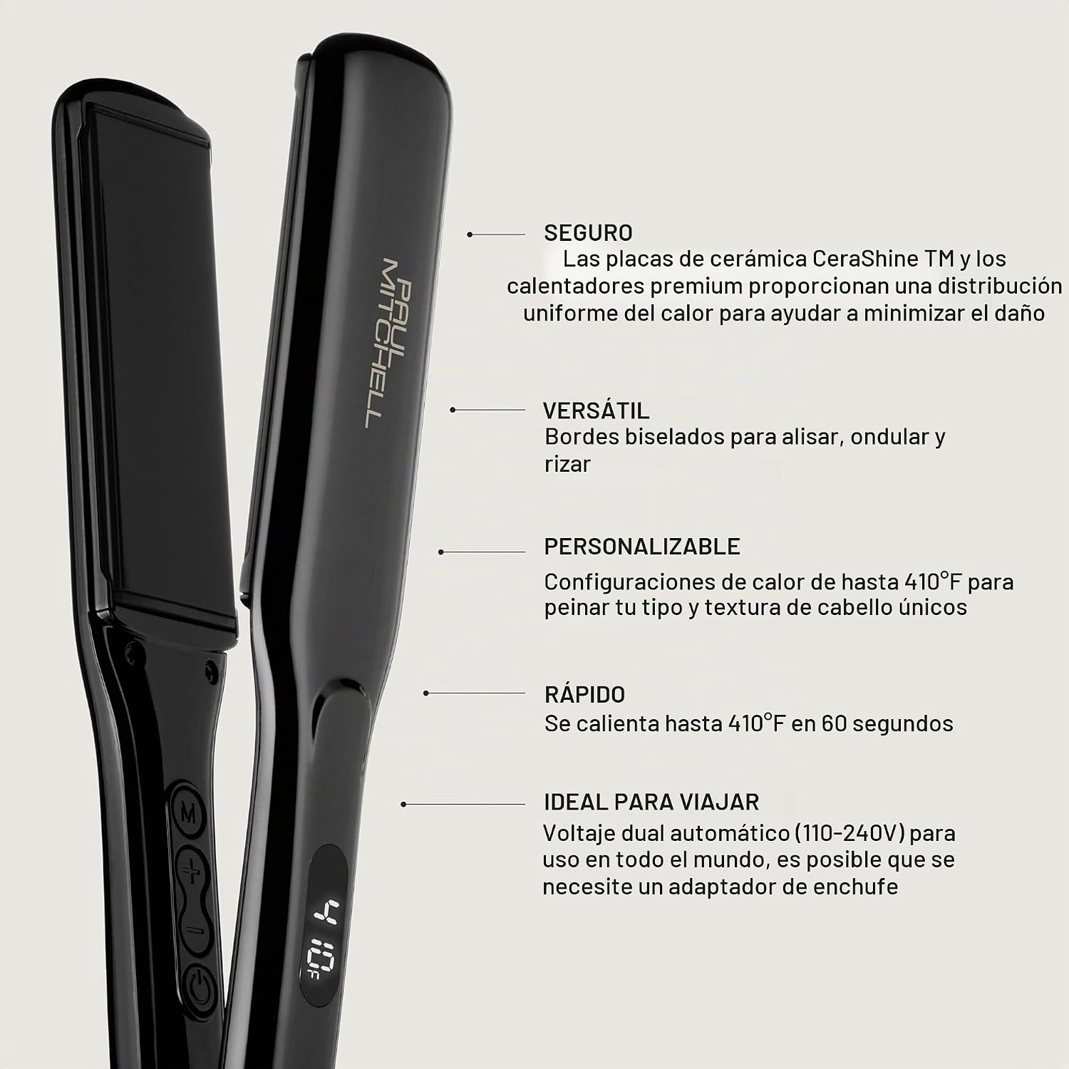 Plancha alisadora de cerámica Paul Mitchell Smooth+, ajustes de cal...