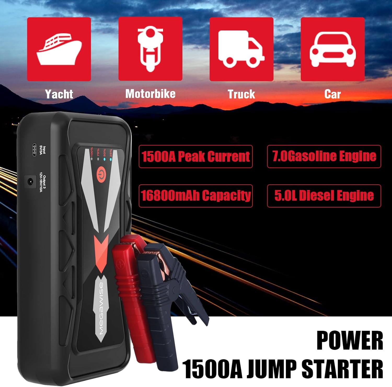 MEGAWISE Arrancador de batería de coche de 1500A pico 16800mAh (has...