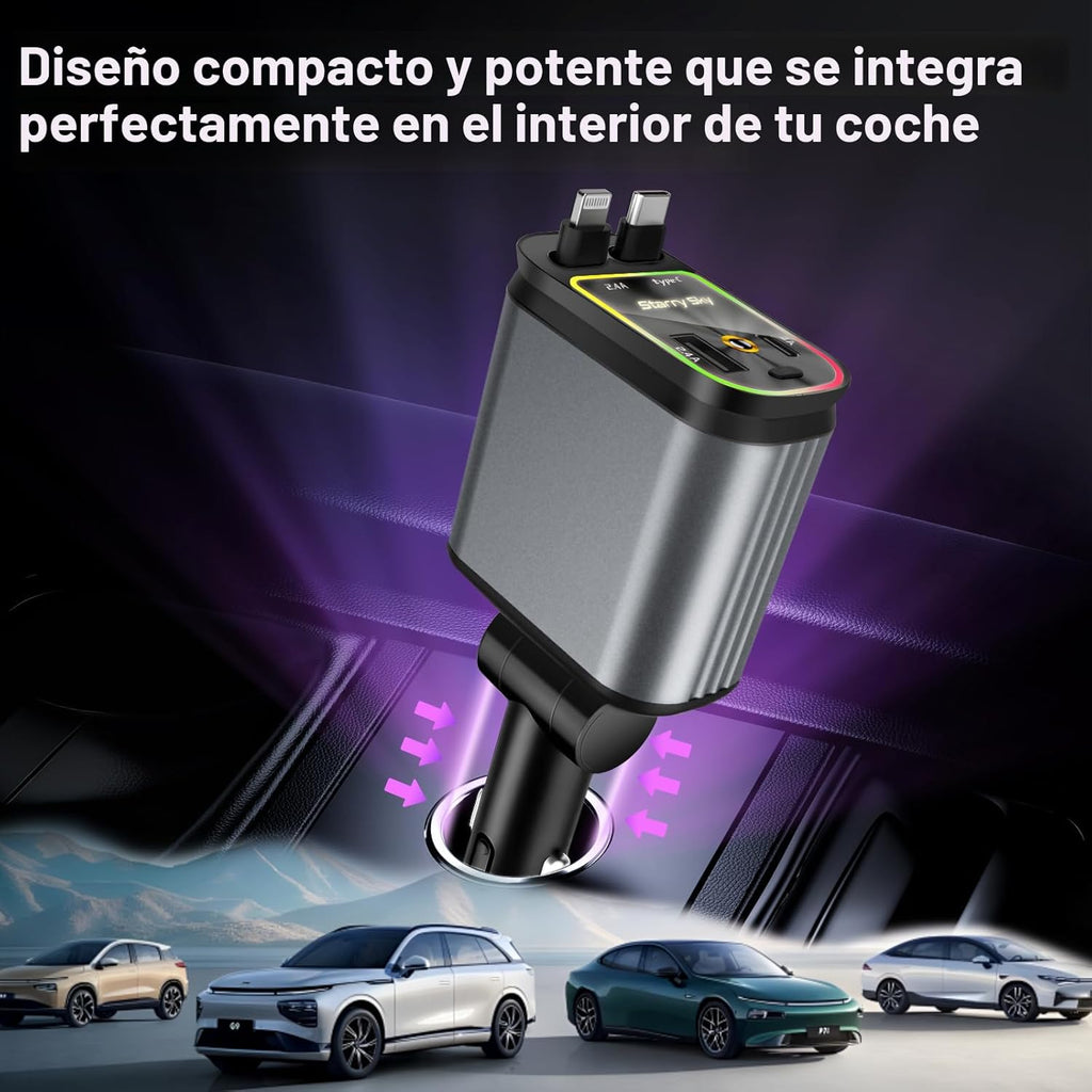 Cargador de coche retráctil, cargador de coche 4 en 1 de carga rápi...