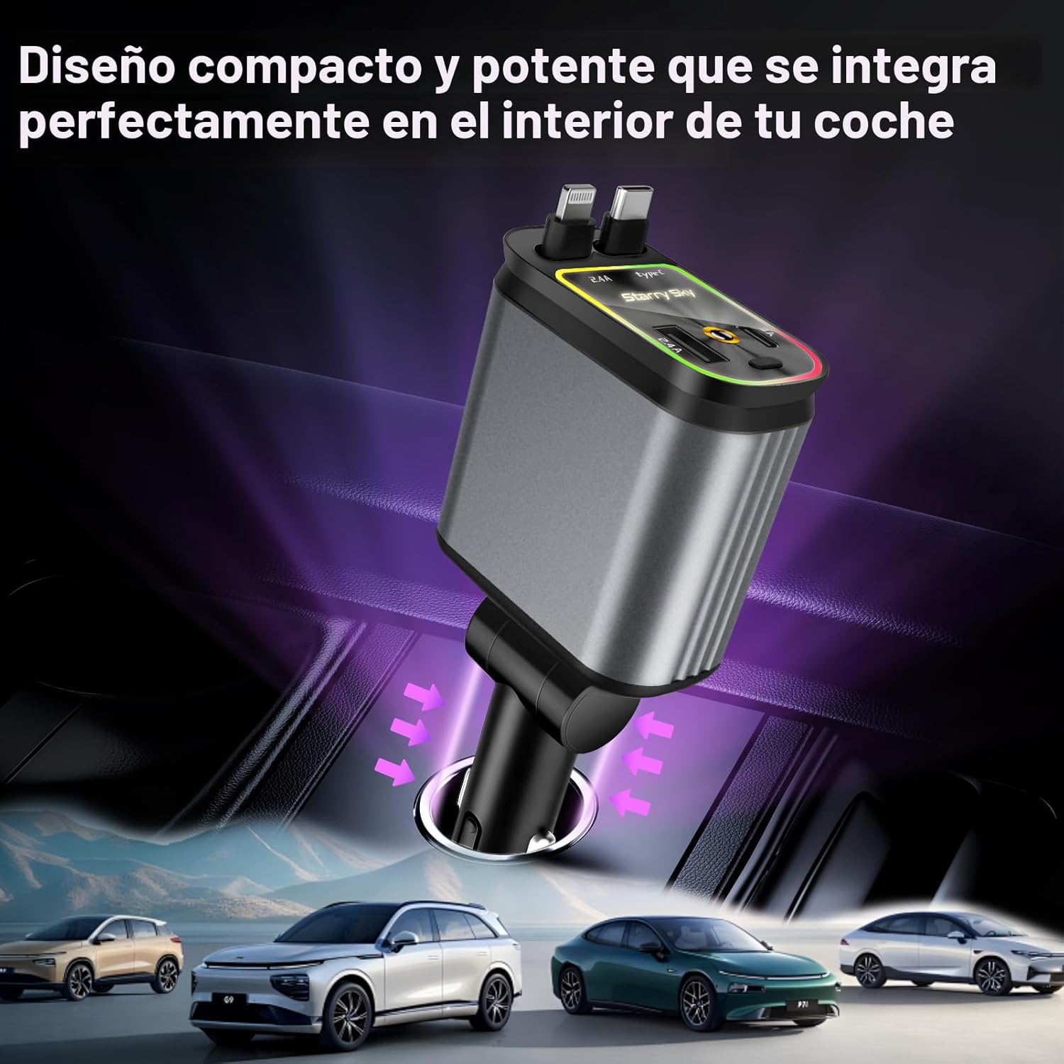 Cargador de coche retráctil, cargador de coche 4 en 1 de carga rápi...