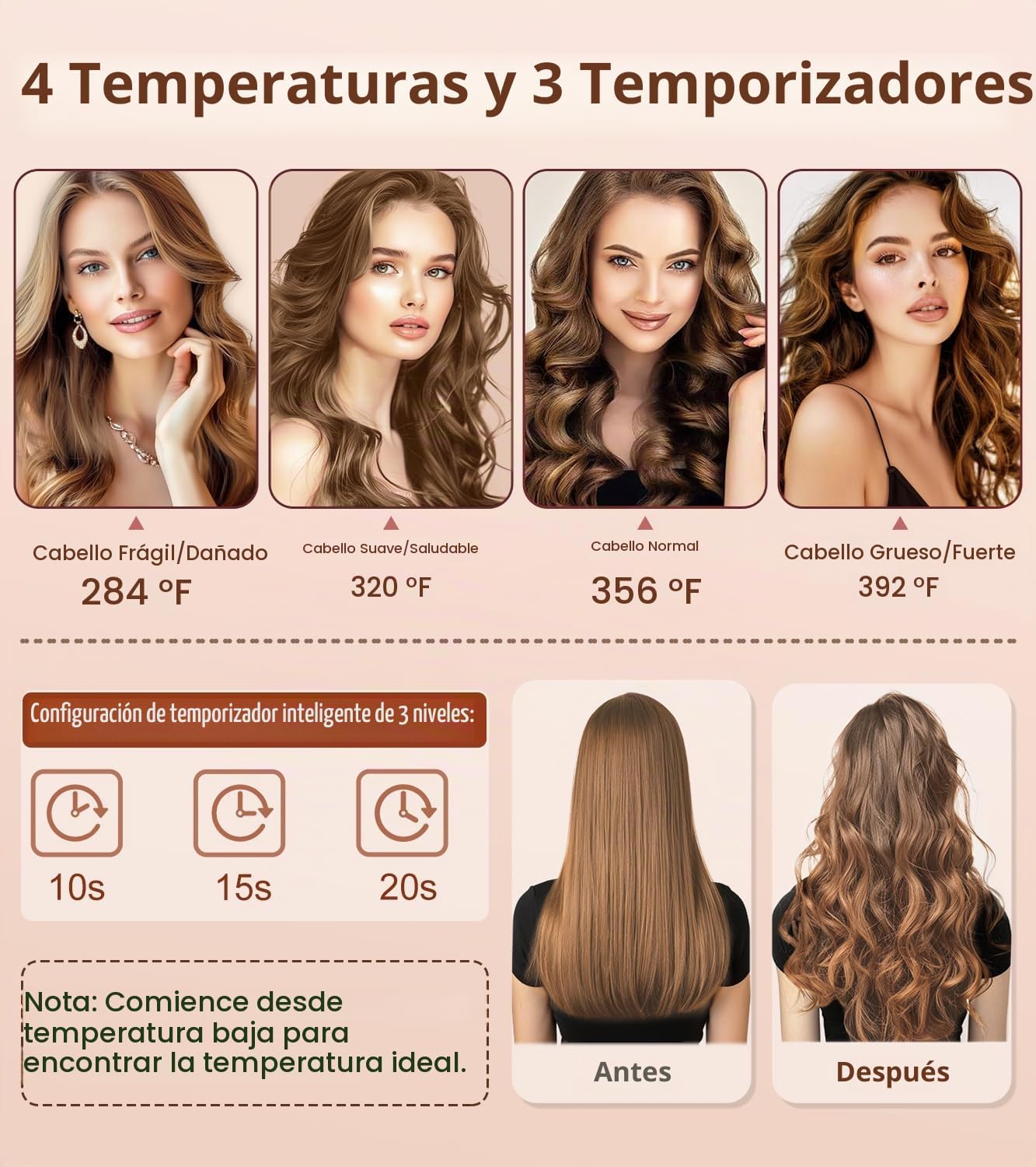 Rizador automático de pelo, rizador automático con 4 temperaturas y...