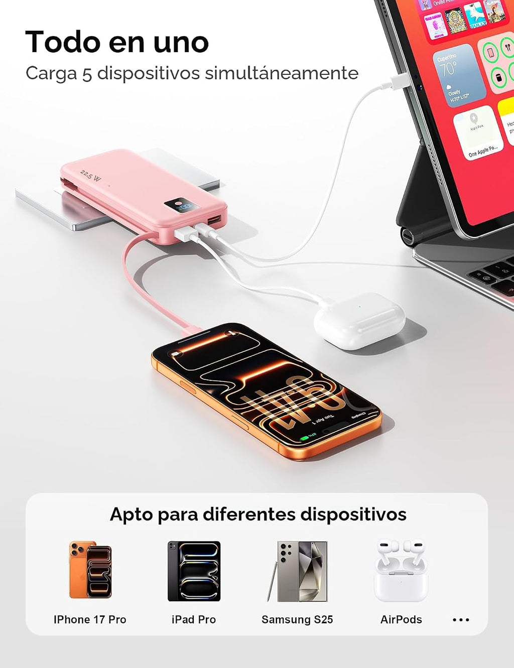 Rngsnoy Cargador portátil 12000mAh 22.5W con cable incorporado y en...
