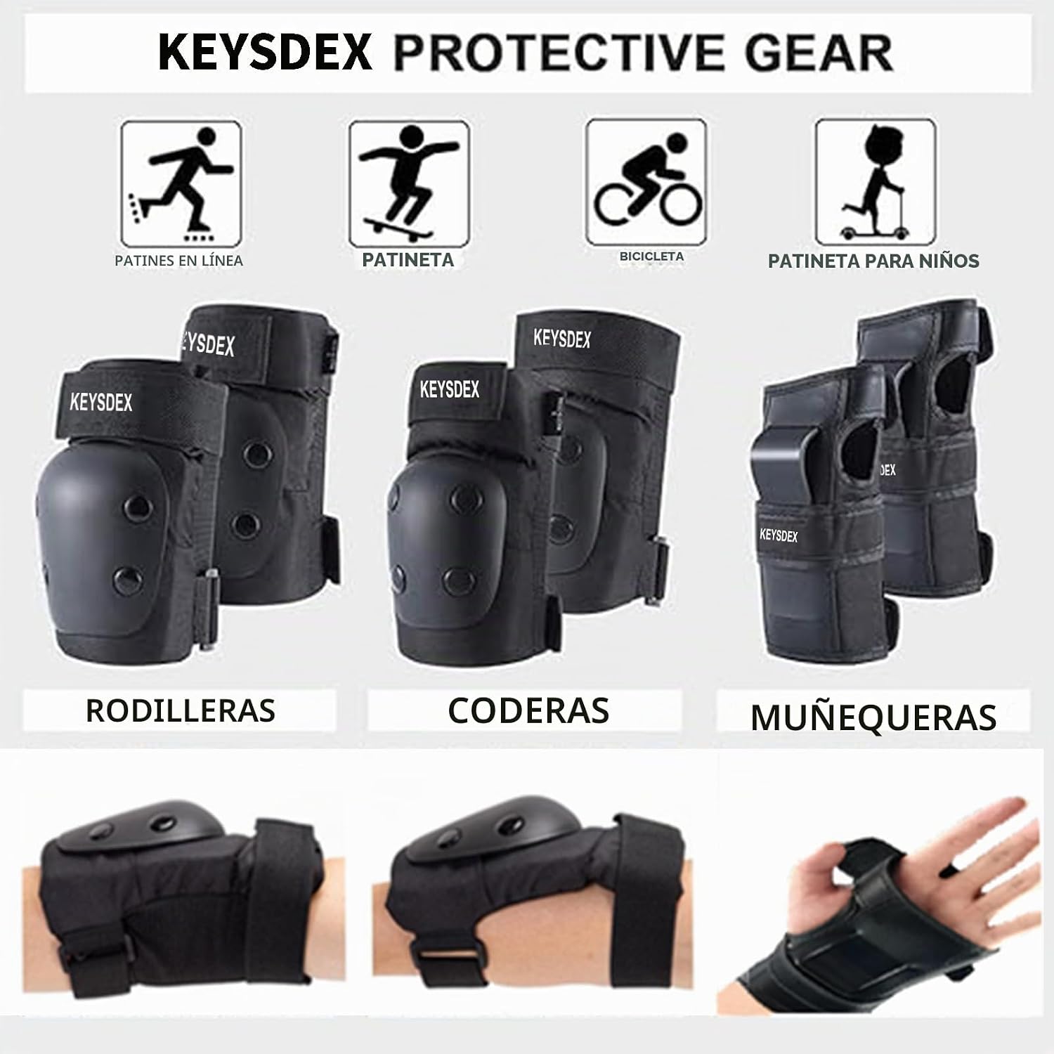 KEYSDEX Rodilleras, coderas, muñequeras 6 en 1, equipo de protecció...