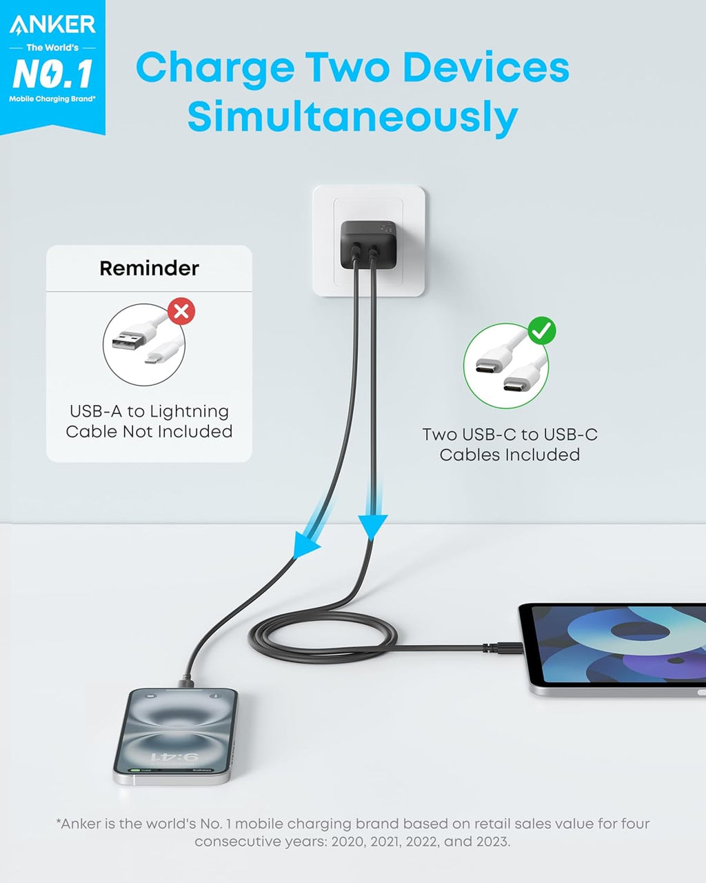 Anker - Cargador para iPhone 17\/16, 2 unidades, 20 W, cargador USB...
