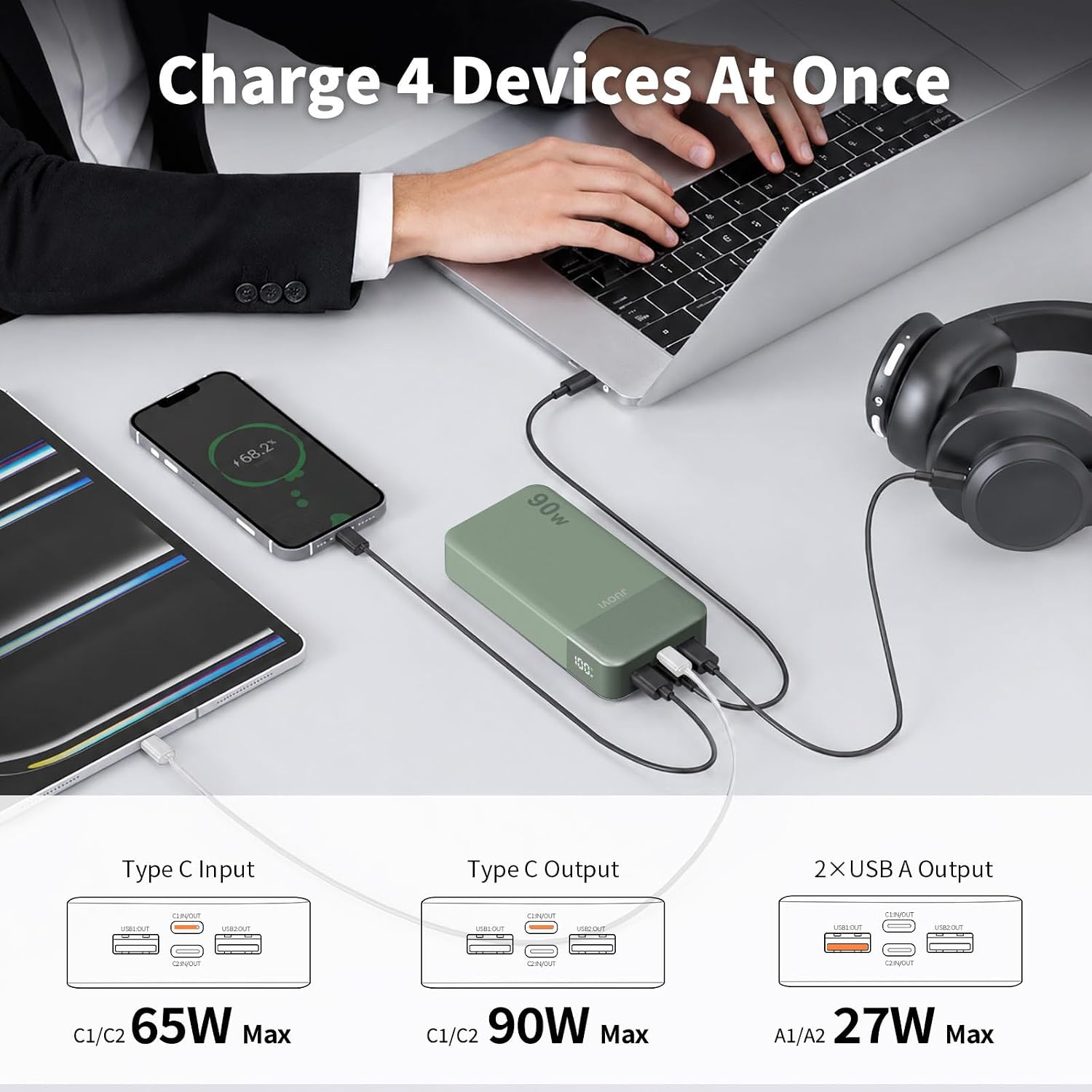 JUOVI Banco de energía para computadora portátil, 20000 mAh, 90 W,...