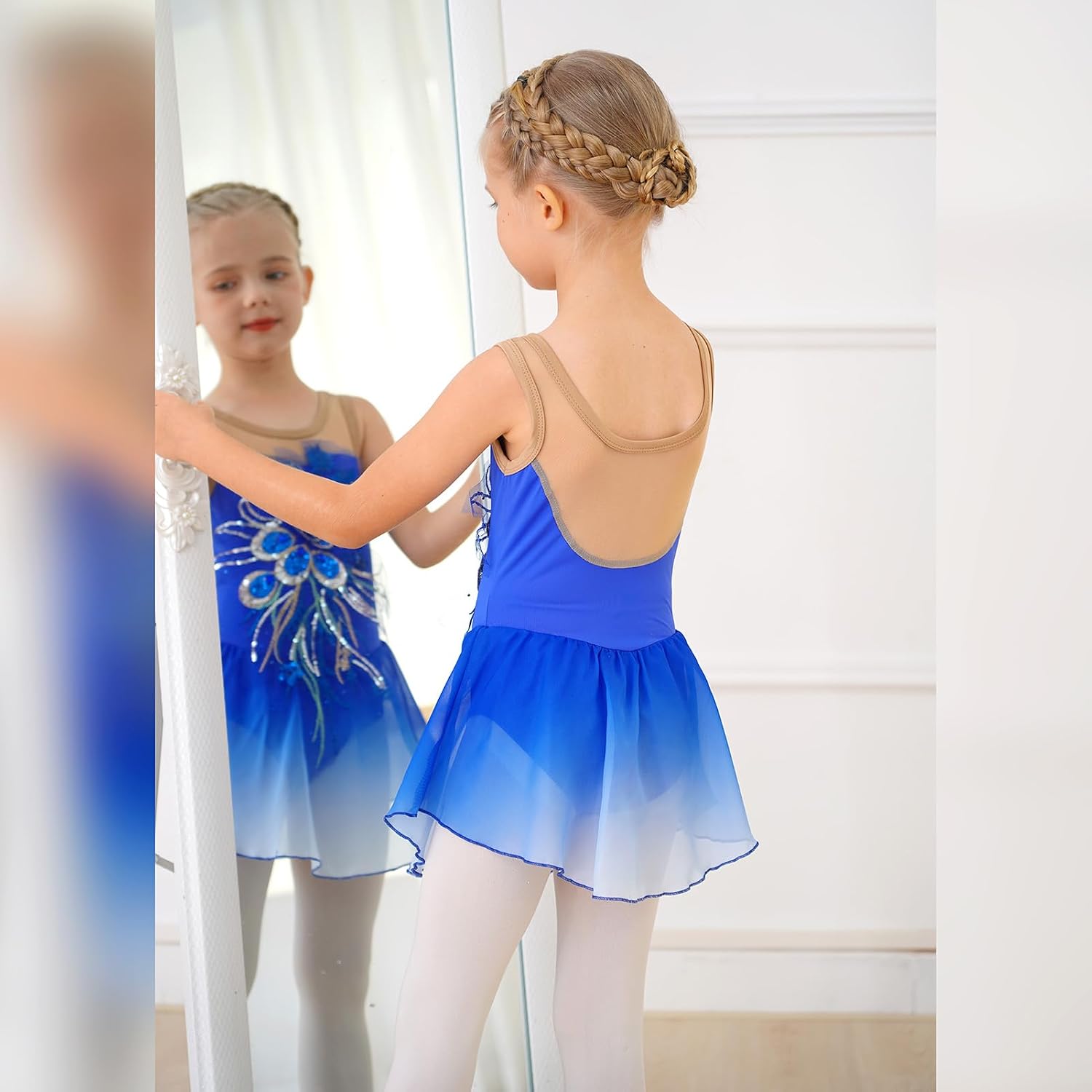 Vestido de patinaje artístico para niñas - Leotardo de malla con fl...