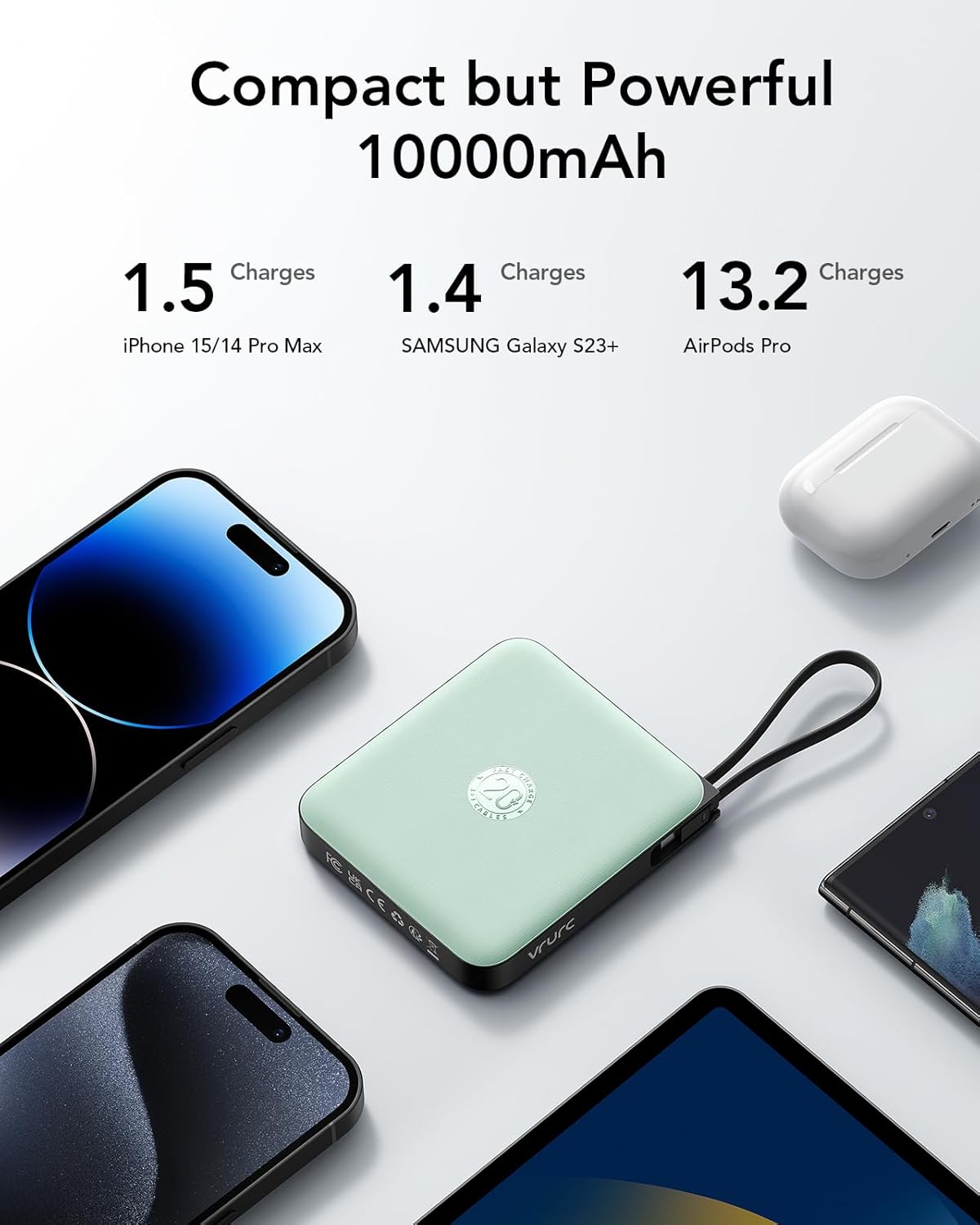 VRURC Cargador Portátil USB C, Banco de Energía con Cable Integrado...
