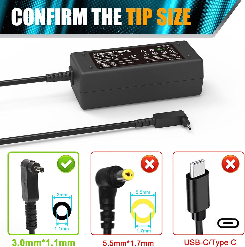 Adaptador de CA de 19V 3.42A 65W Cargador para portátil Acer Chrome...