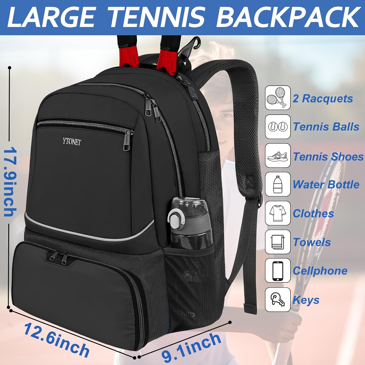Ytonet Mochila de tenis para mujeres y hombres, 2 raquetas con bols...