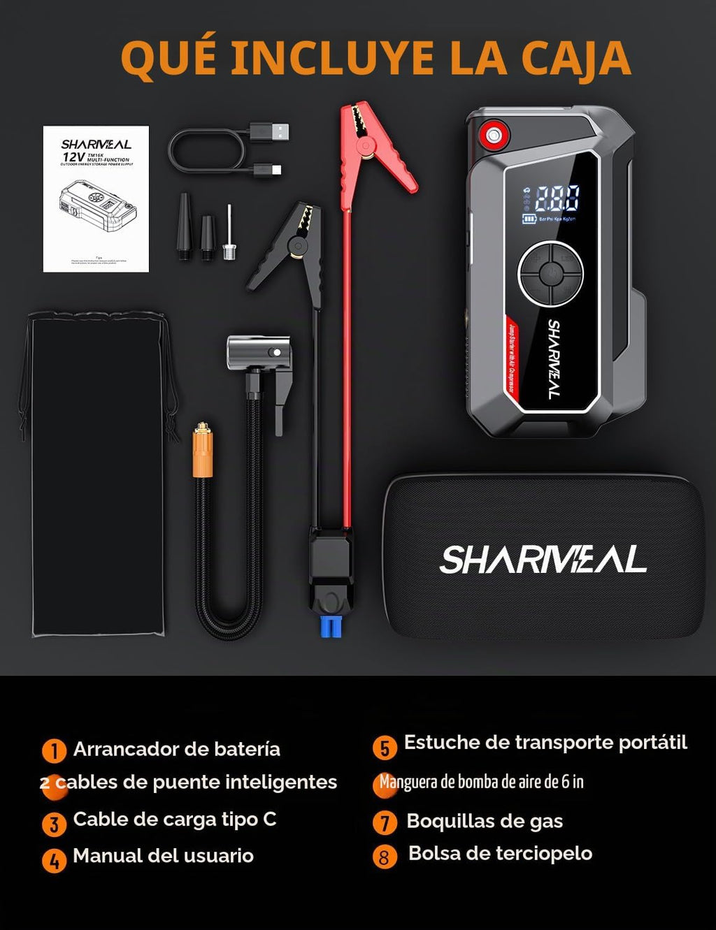 Sharmeal Arrancador de salto con compresor de aire, batería de coch...