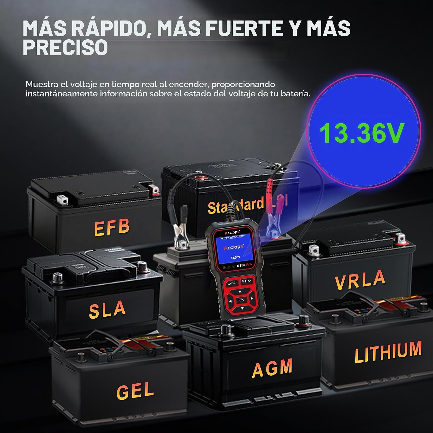 Acclope BT60 PRO - Probador de batería de coche 6V\/12V\/24V, 2\u20...