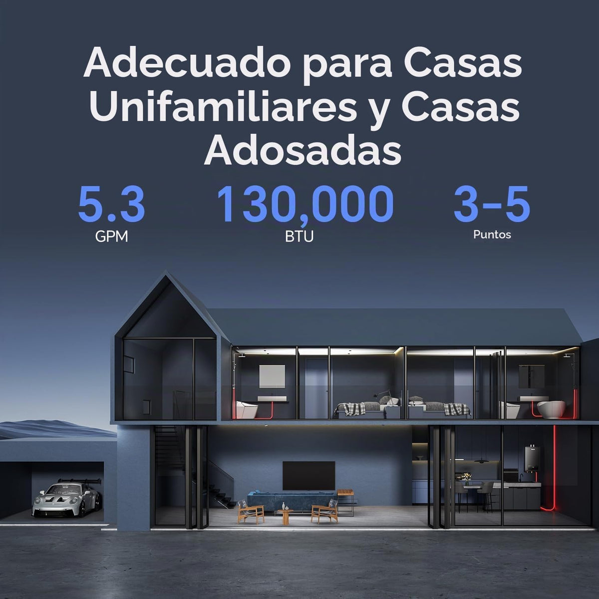 Ranein Calentador de agua sin tanque de gas natural, 5.3 GPM, 130,0...