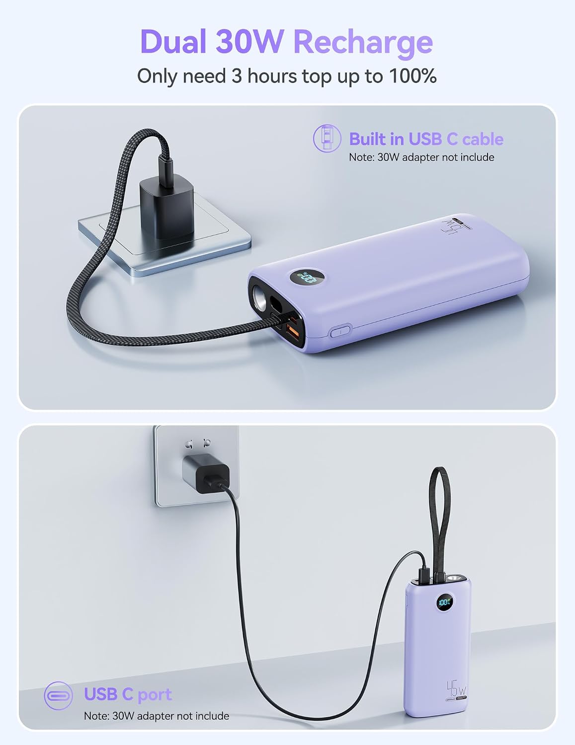 Cargador portátil, batería portátil de 45 W, 20000 mAh, con cable U...