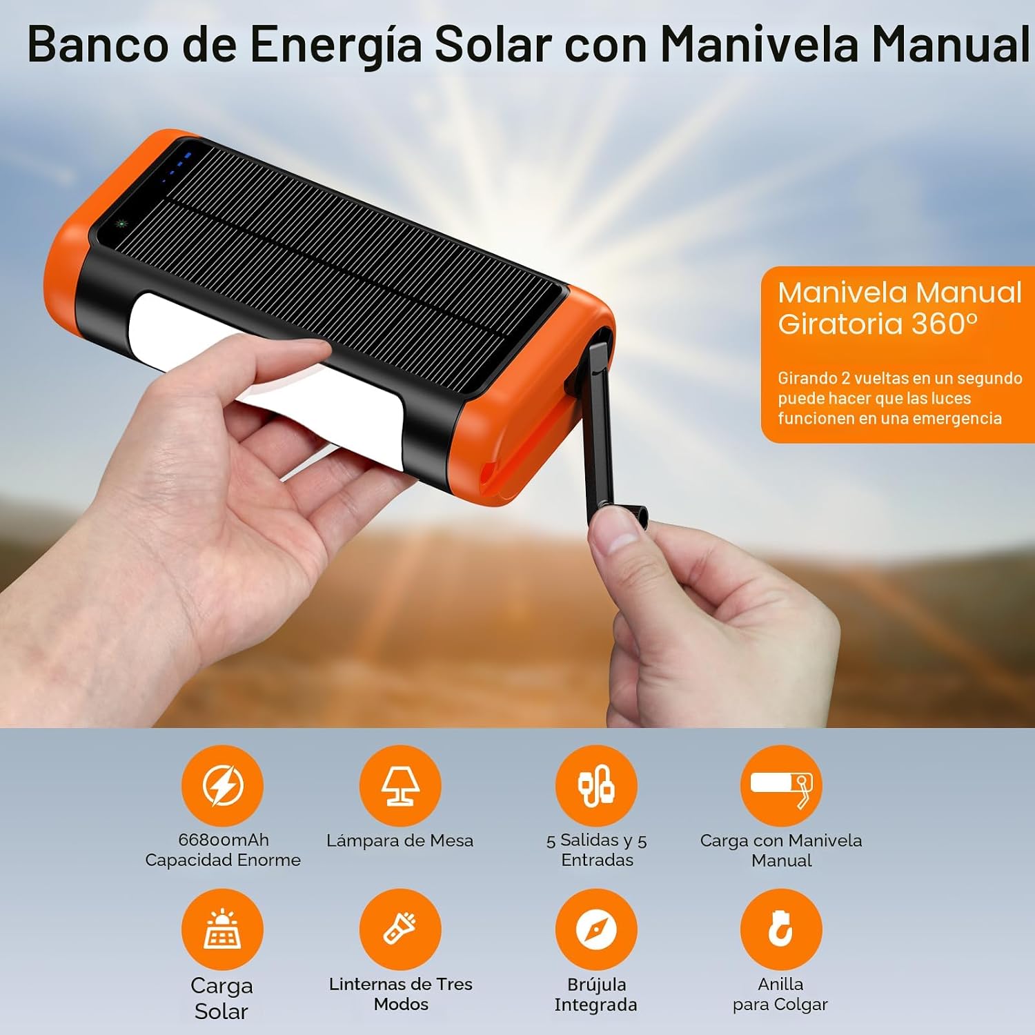 DJKK Banco de Energía Solar Portátil: Cargador de 66800mAh con Mani...