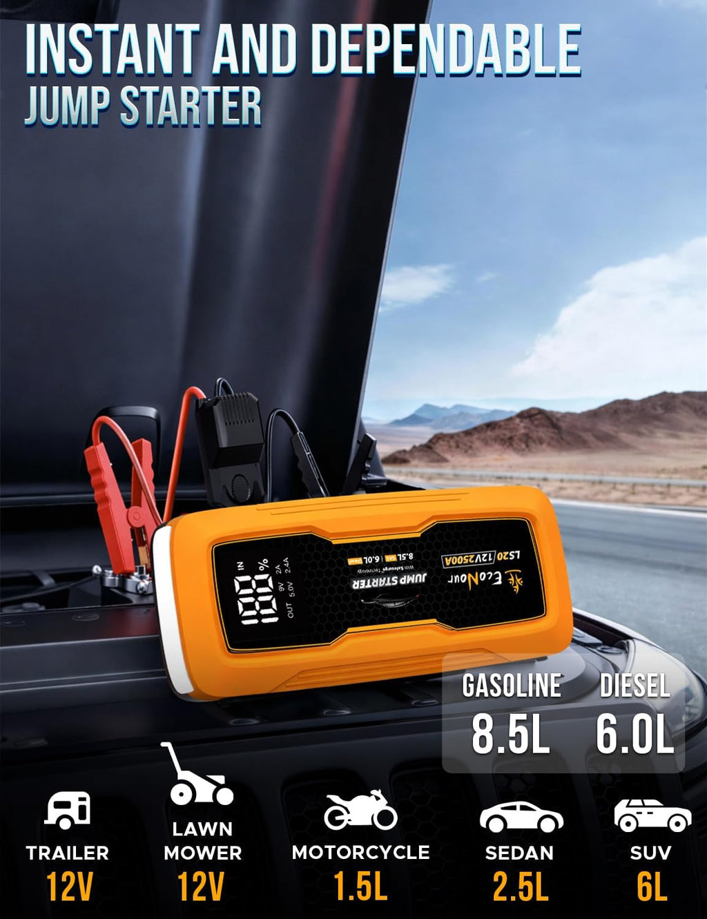 EcoNour 2500A - Arrancador portátil de batería de 12 V con motores...