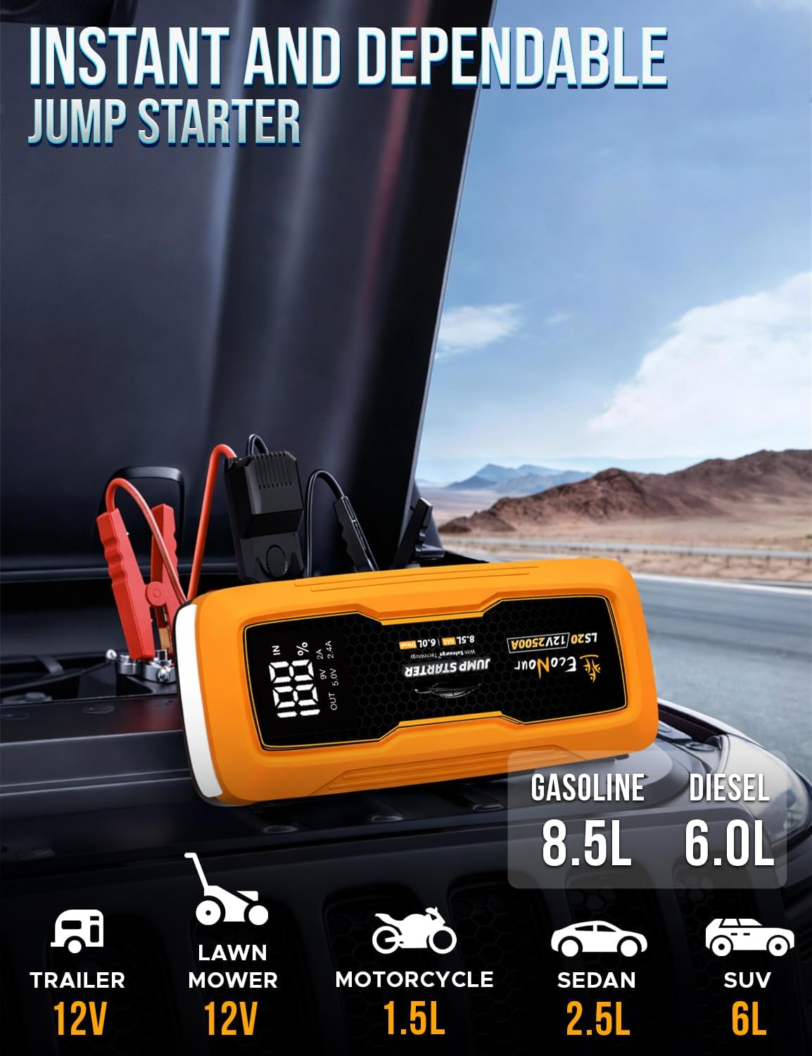 EcoNour 2500A - Arrancador portátil de batería de 12 V con motores...
