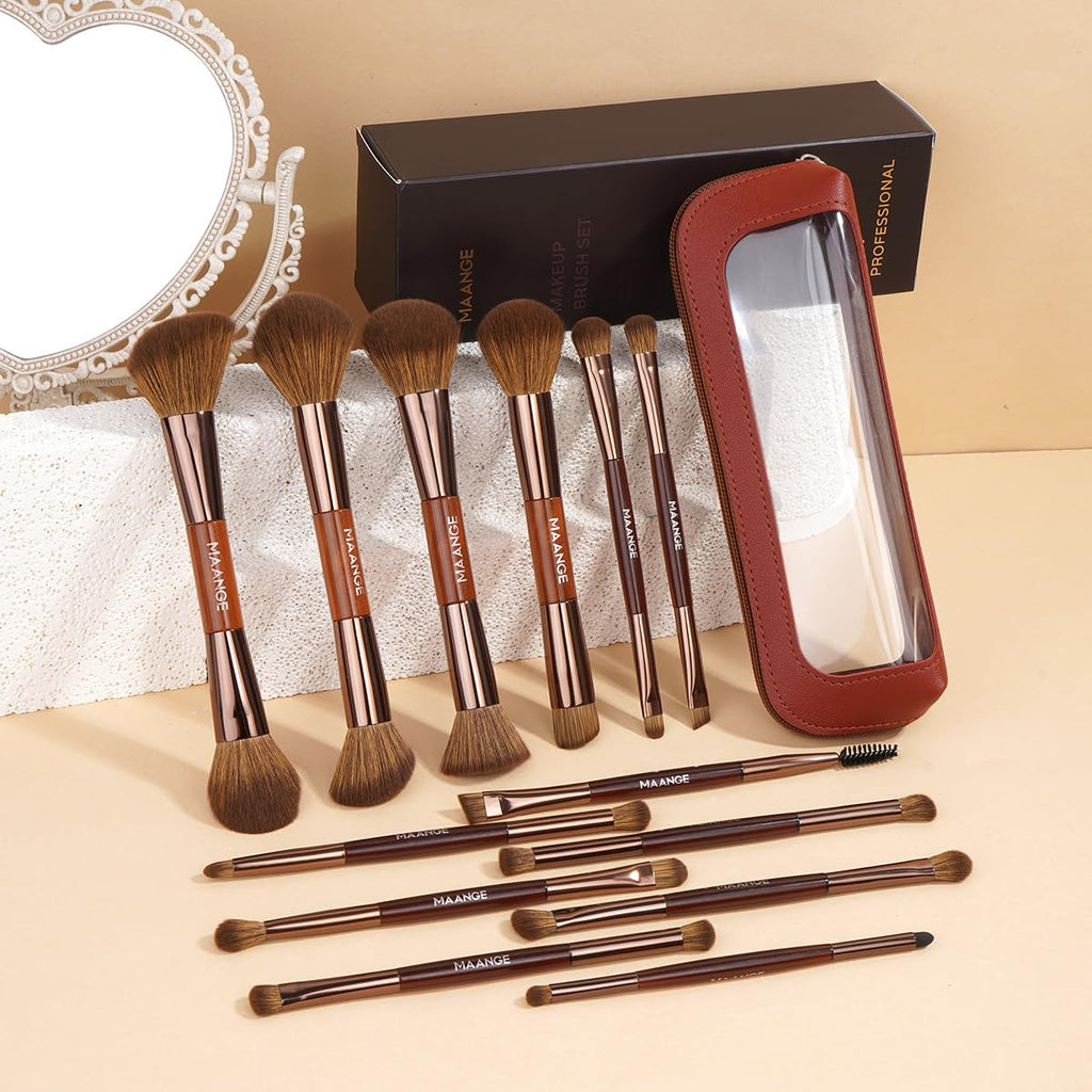 MAANGE Juego de 13 brochas de maquillaje de base con bolsa, brochas...