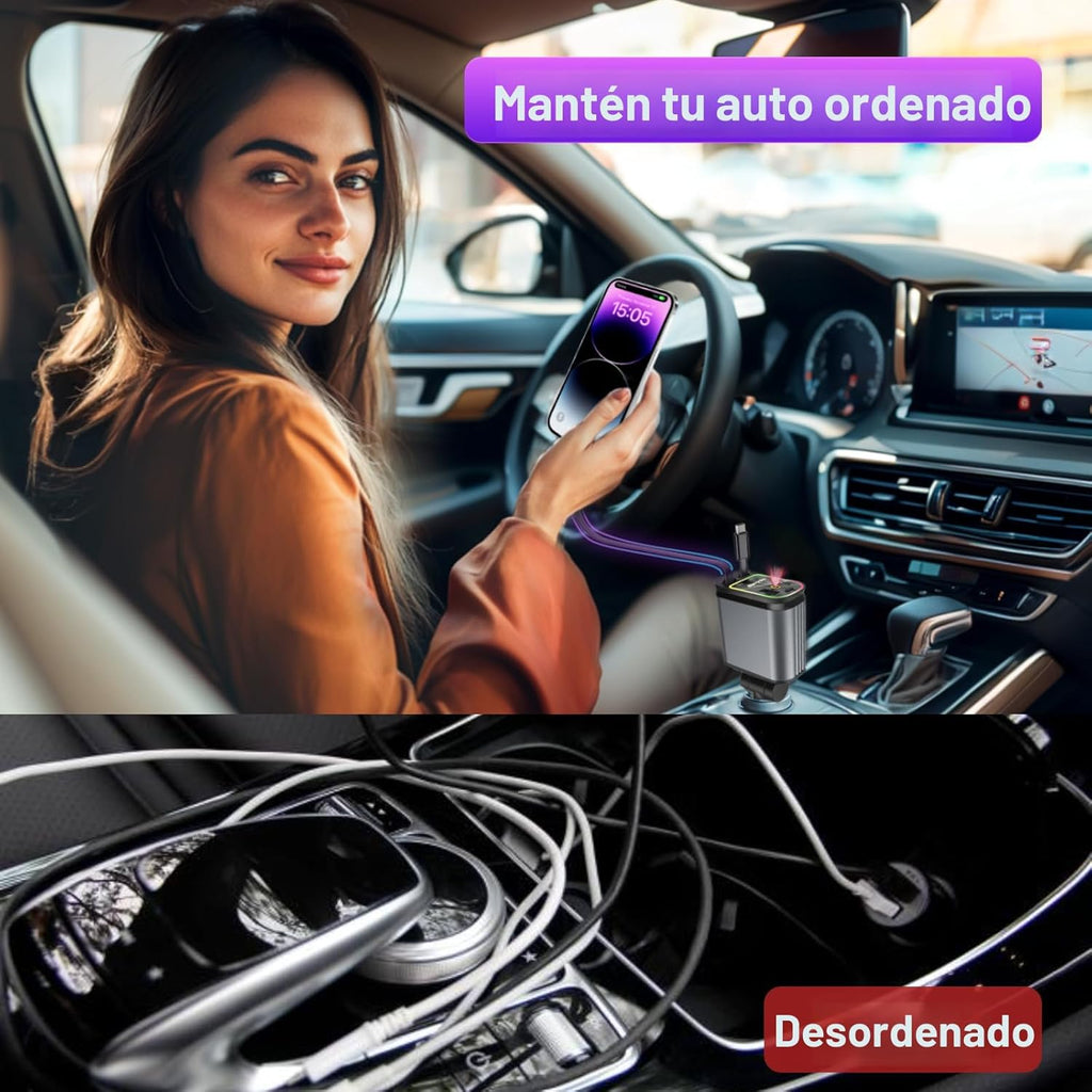 Cargador de coche retráctil, cargador de coche 4 en 1 de carga rápi...