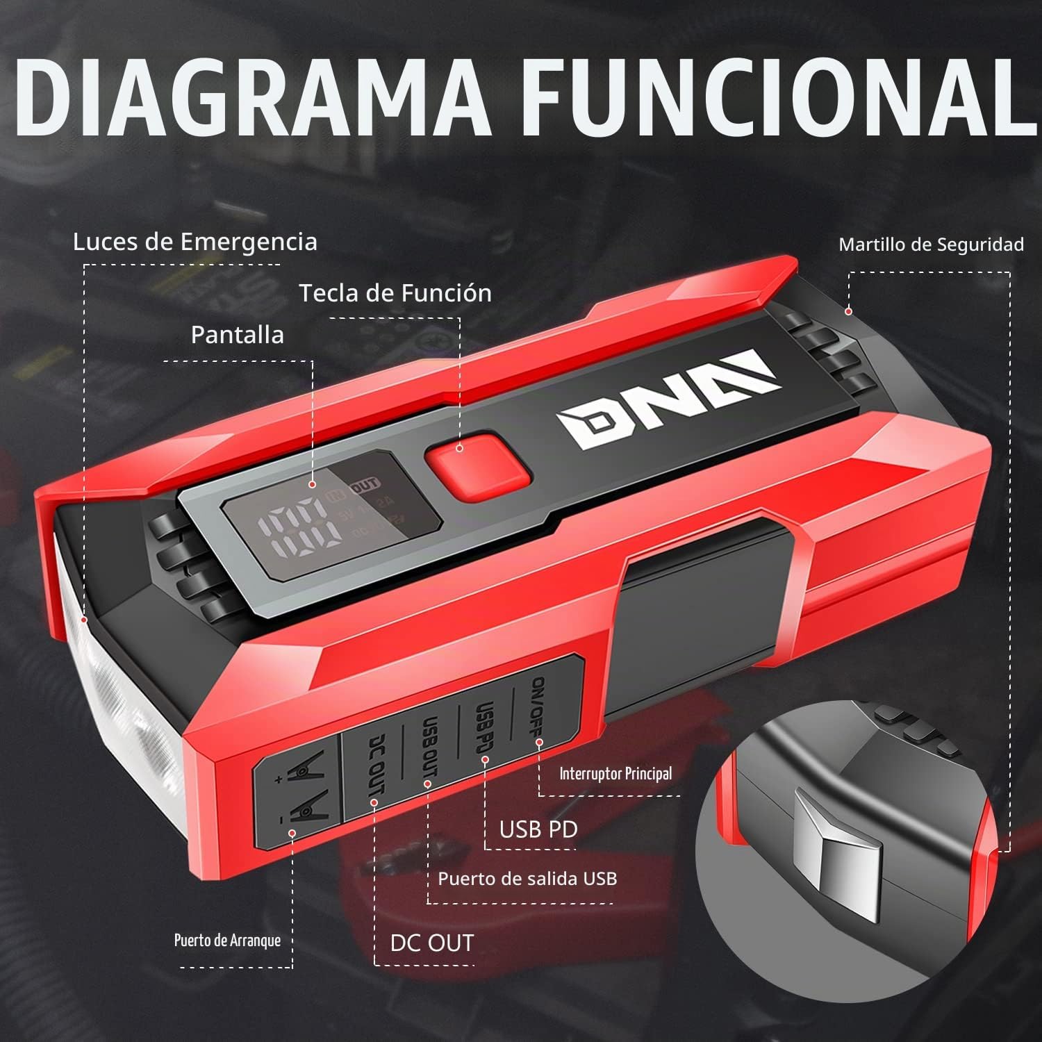 DNA Motoring Batería de coche portátil multifunción de 12 V 2000 A...