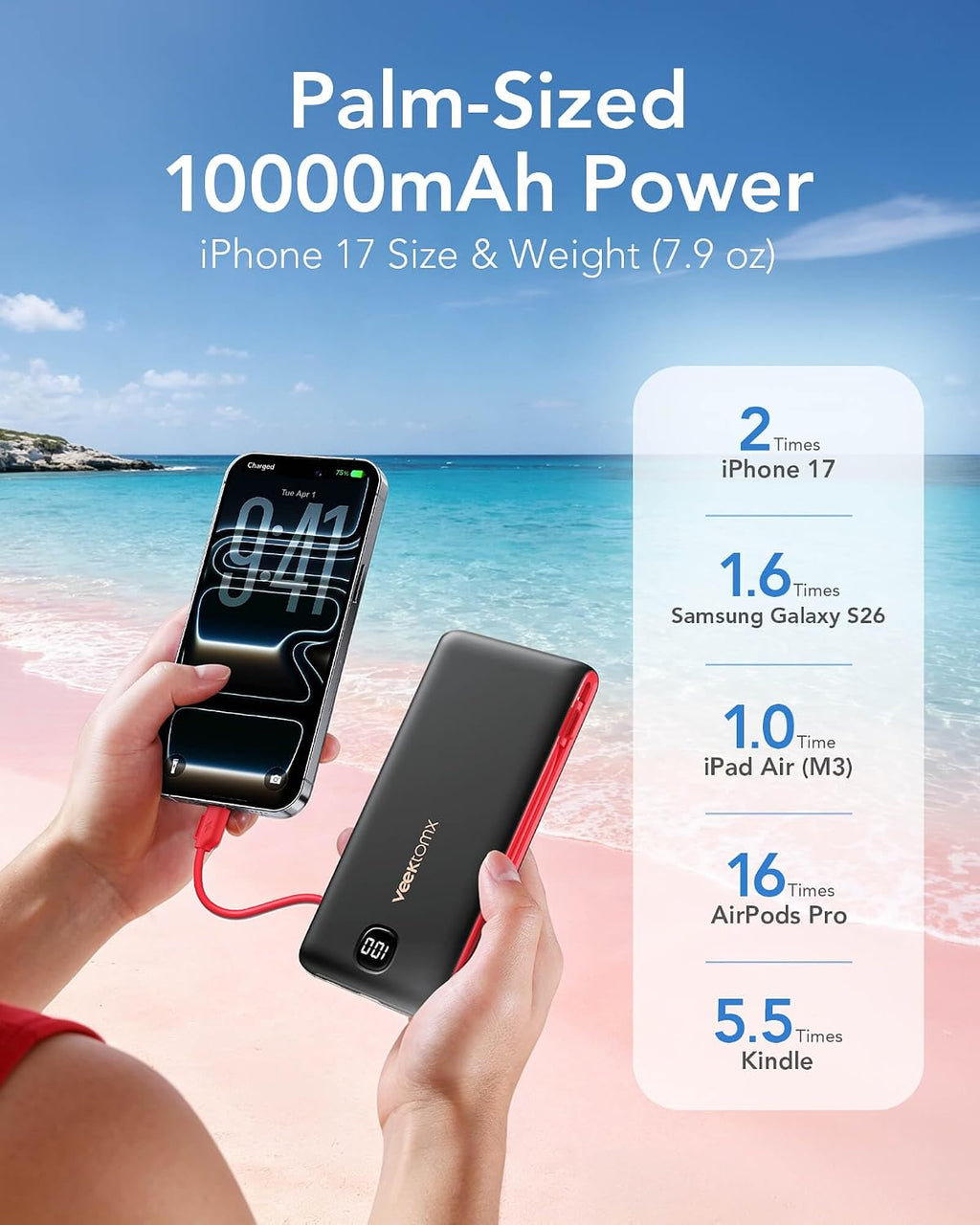 VEEKTOMX Cargador portátil con cables integrados de 10000 mAh, banc...