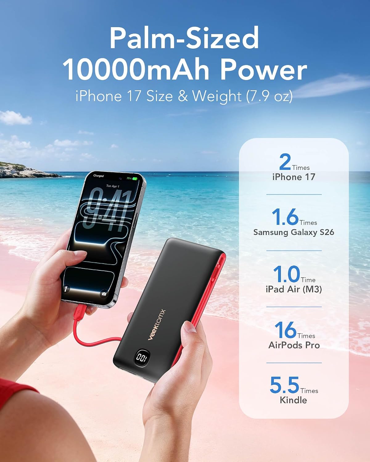 VEEKTOMX Cargador portátil con cables integrados de 10000 mAh, banc...