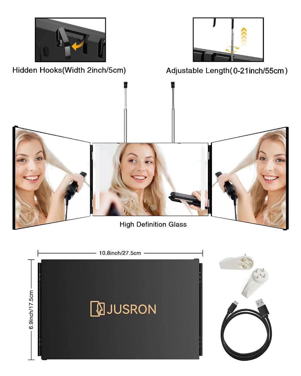 JUSRON Espejo para Cortarse el Cabello Uno Mismo con Ángulo de Visi...