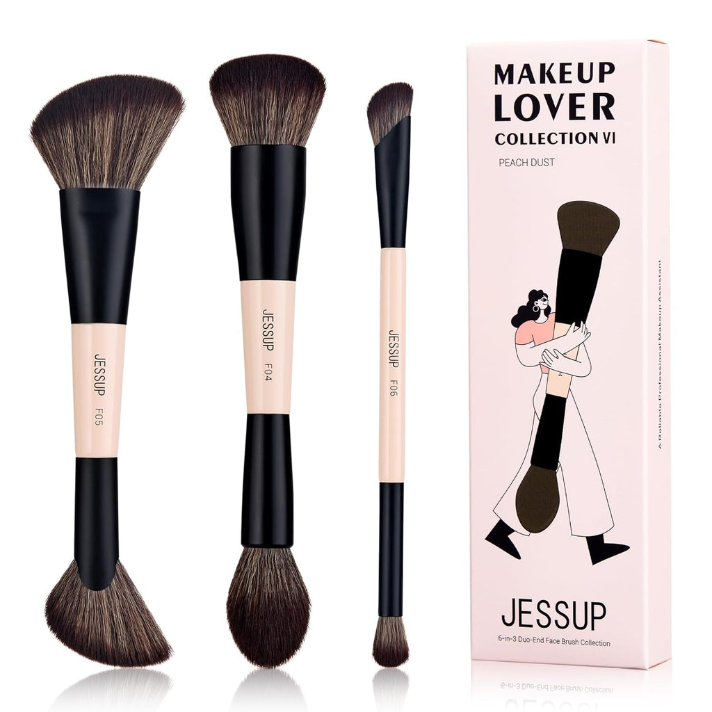 Jessup Juego de brochas de maquillaje facial de 3 piezas con doble...