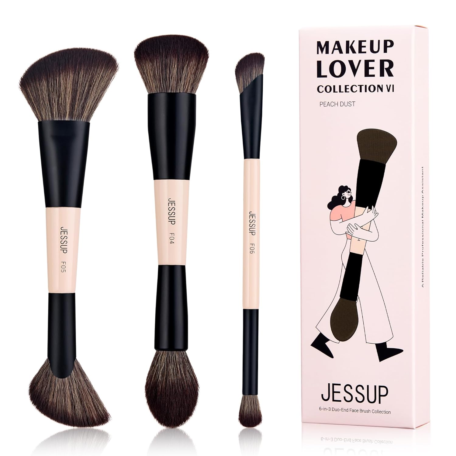 Jessup Juego de brochas de maquillaje facial de 3 piezas con doble...