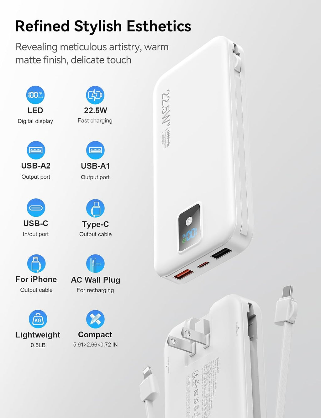 Cargador portátil Rngsnoy 12000mAh 22.5W con cable incorporado y en...