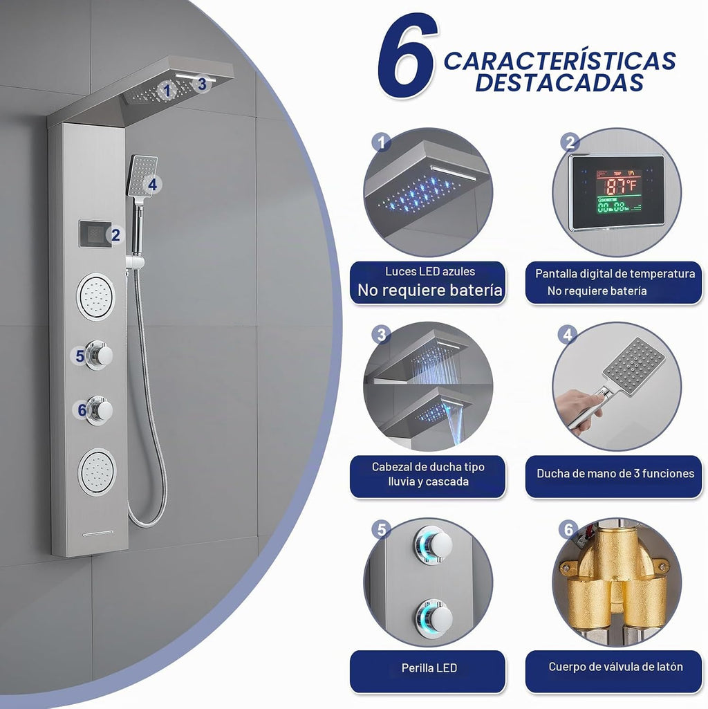 ROVATE Panel de ducha de cascada LED 5 en 1 con acabado cepillado |...