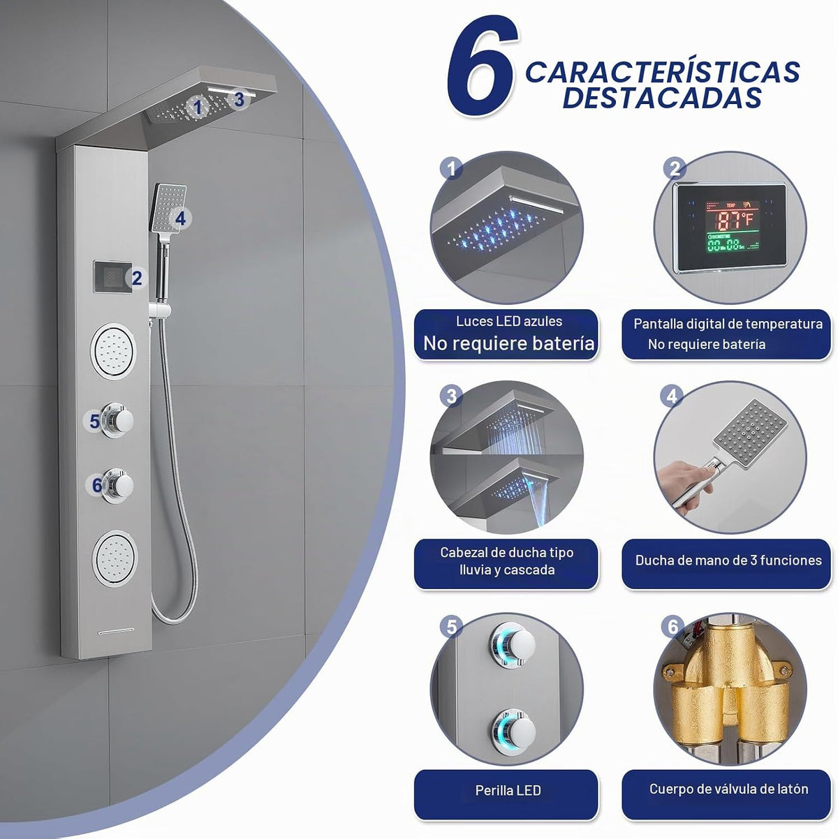 ROVATE Panel de ducha de cascada LED 5 en 1 con acabado cepillado |...