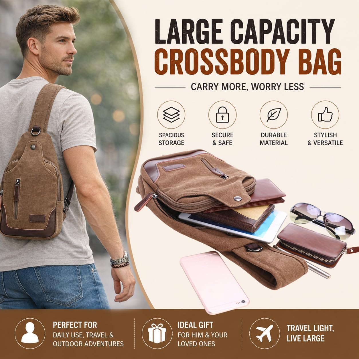EDIWER Bolso bandolera de lona para hombre, bolso cruzado en el pec...