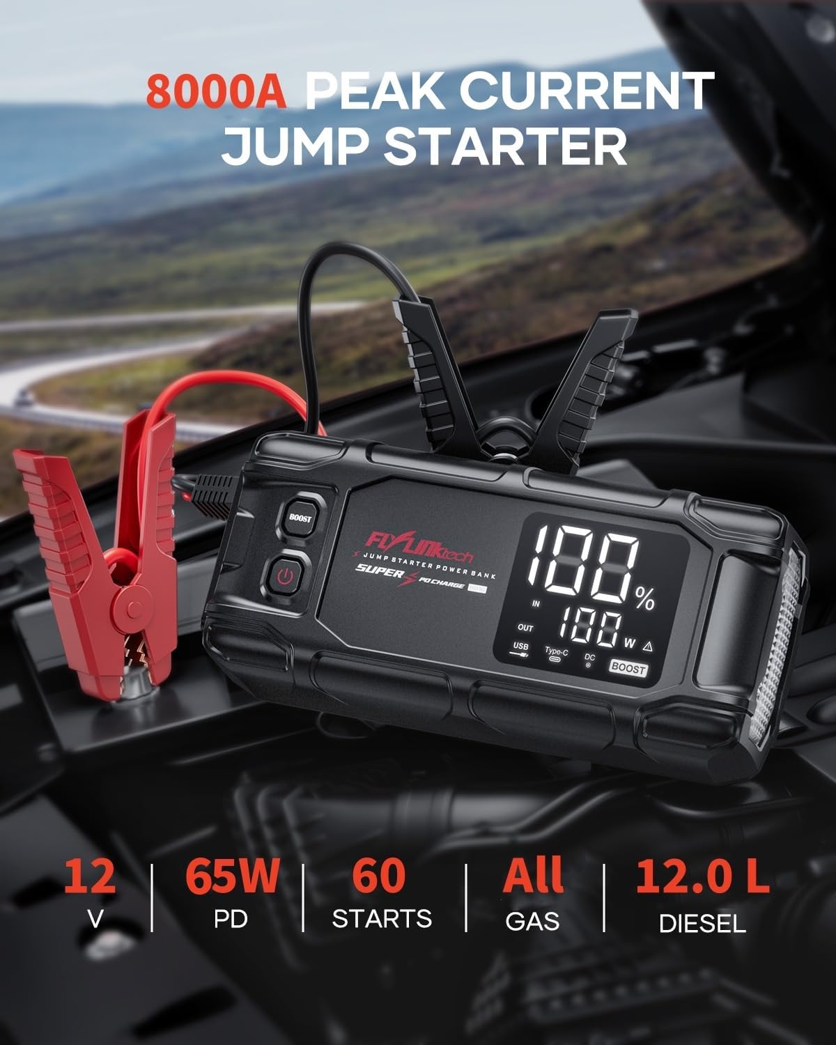 FLYLINKTECH Arrancador de batería de automóvil, 6000 A pico 26800 m...