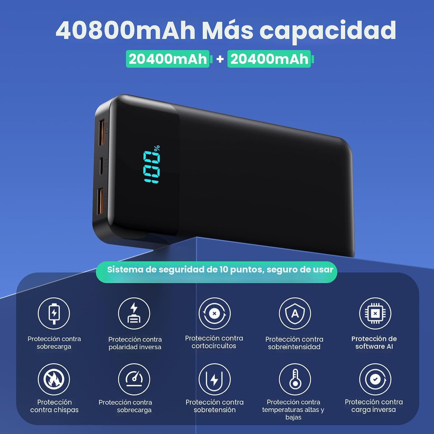 Banco de Energía Cargador Portátil 40800mAh con 3 Cables Integrados...