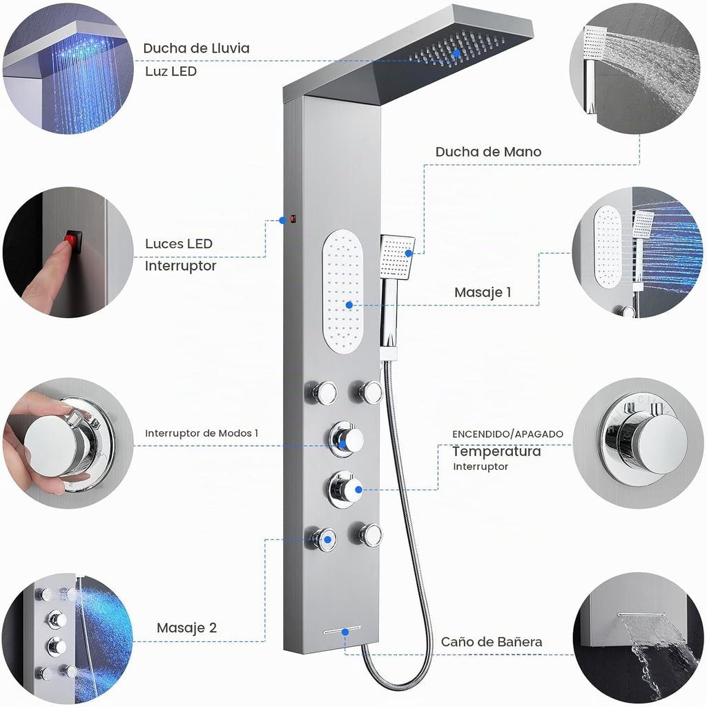 MENATT Sistema de torre de panel de ducha LED de 5 funciones, 4 cho...