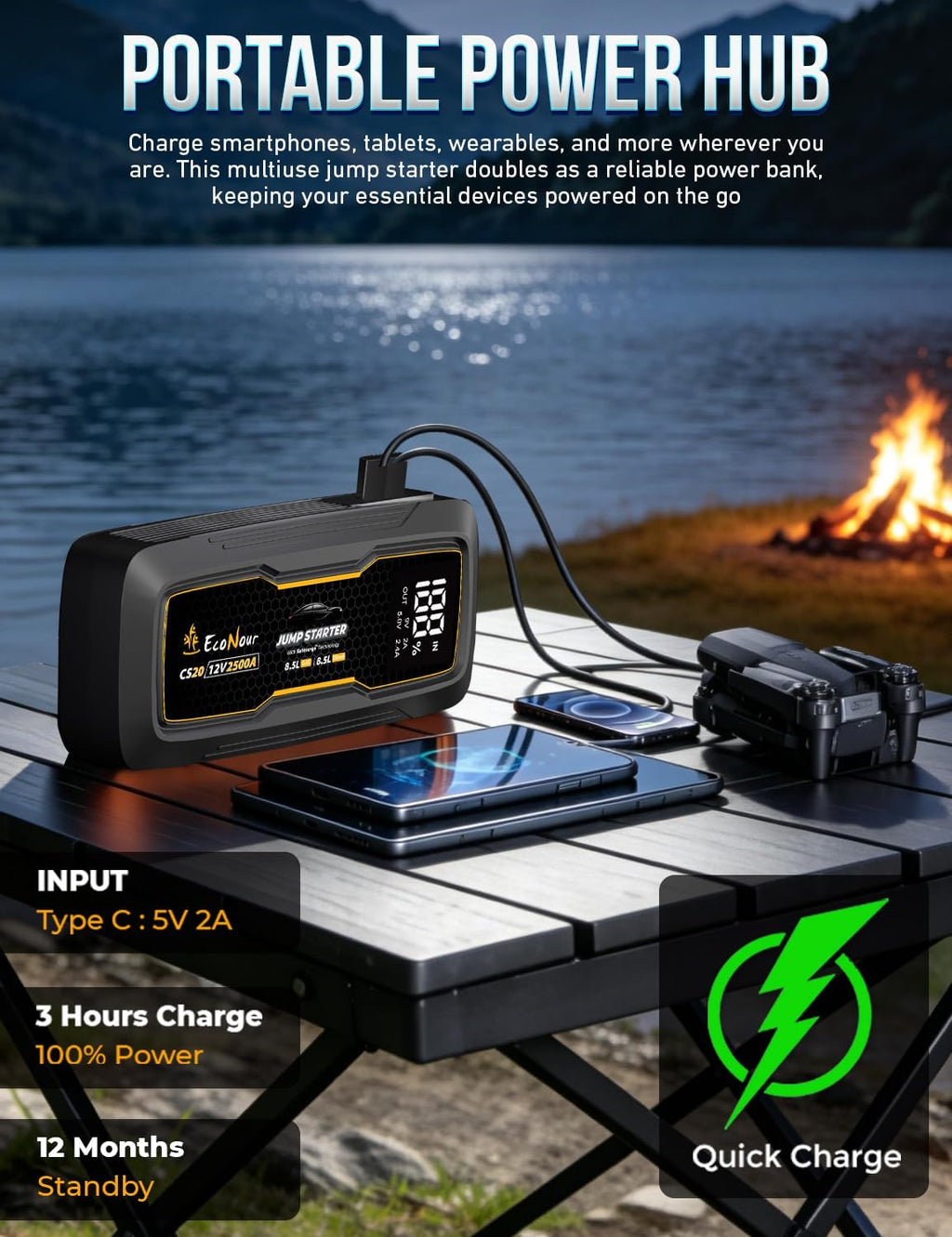 EcoNour - Batería de coche de 2500 A, batería de 12 V, paquete de r...